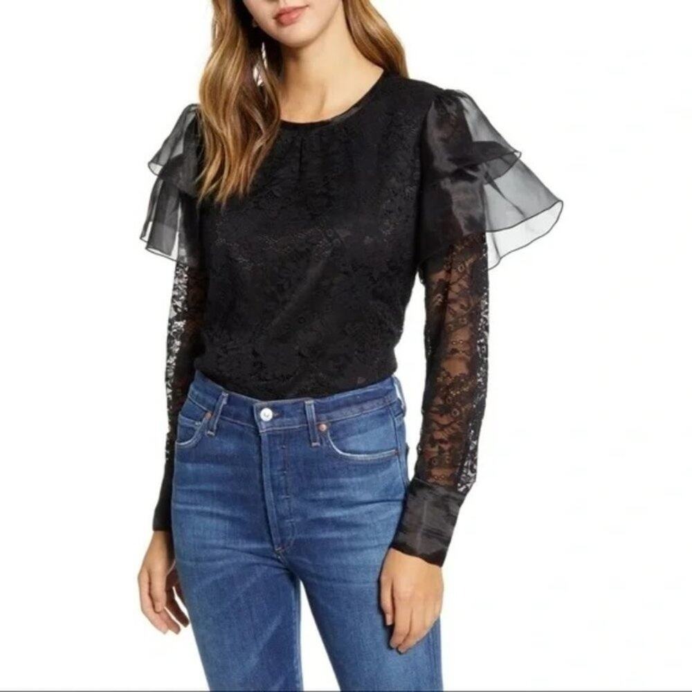 Rachel Parcell Lace Ruffle Blouse L Black Puff Long Sleeve‎ Top Organza Holiday